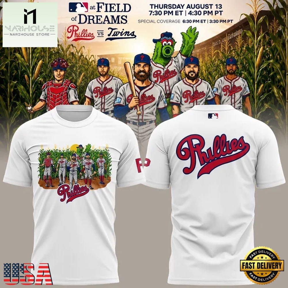 Philadelphia Phillies MLB at Field of Dreams 2026 White T Shirt , Music Fans 3D T Shirt Philadelphia Phillies MLB at Field of Dreams 2026 White T Shirt , Music Fans 3D T Shirt