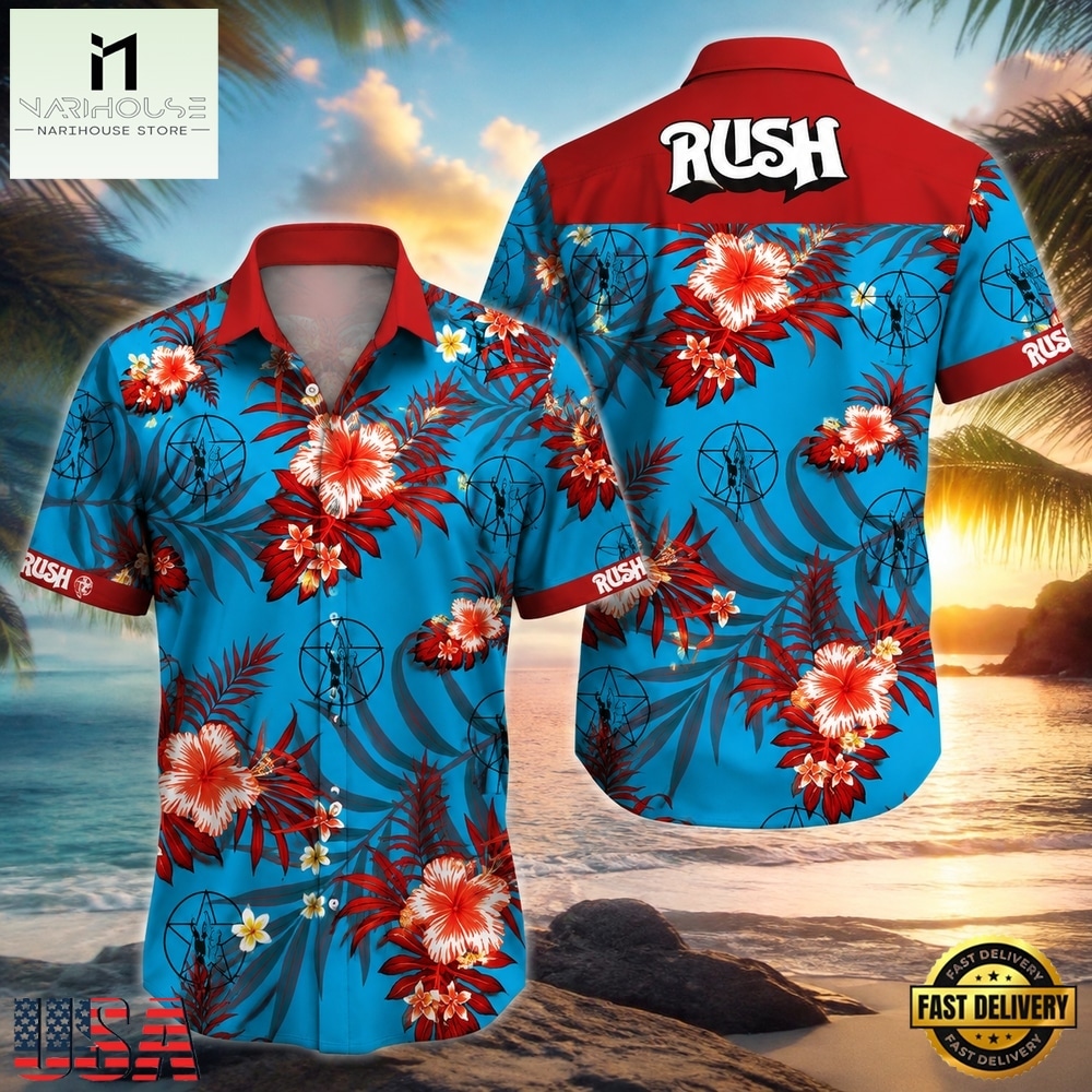 Red Flowers on Blue Rush Rock Music Band Summer Aloha Hawaiian Shirt Red Flowers on Blue Rush Rock Music Band Summer Aloha Hawaiian Shirt