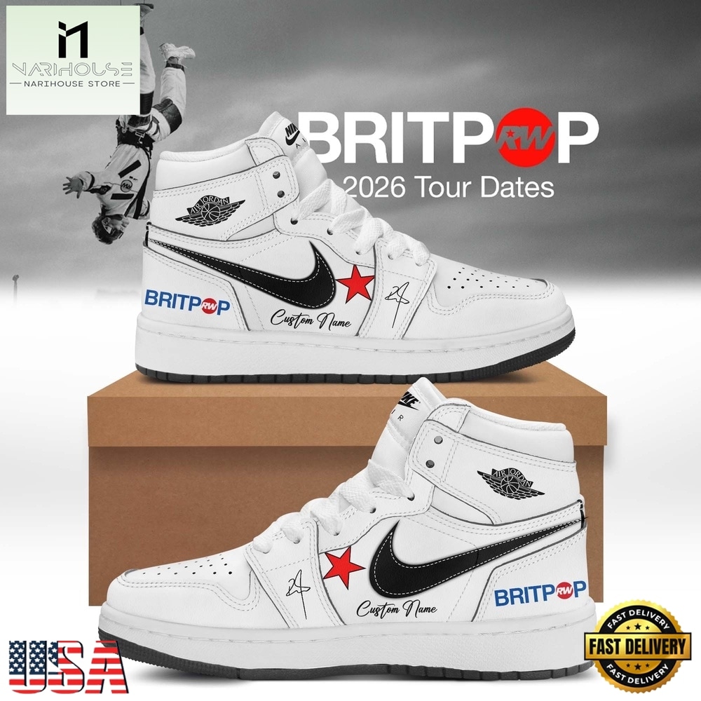 Robbie Williams BRITPOP World Tour 2026 White Air Jordan 1 Hightop Shoes Robbie Williams BRITPOP World Tour 2026 White Air Jordan 1 Hightop Shoes
