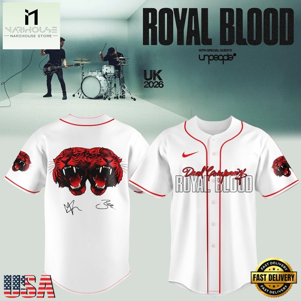 Royal Blood UK Tour 2026 Limited Edition Signature White Baseball Jersey, Concert Baseball Jersey Royal Blood UK Tour 2026 Limited Edition Signature White Baseball Jersey, Concert Baseball Jersey