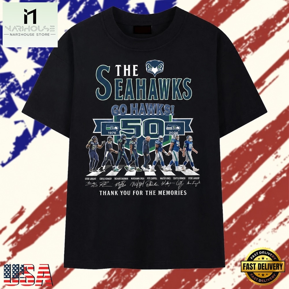 Seattle Seahawks 50th Anniversary 1976 2026 Legends Walking Signatures T Shirt, Stylish 2D Graphic Shirt Seattle Seahawks 50th Anniversary 1976 2026 Legends Walking Signatures T Shirt, Stylish 2D Graphic Shirt