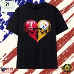 Temple Owls x Pittsburgh Steelers skulls face to face heart shape distressed T Shirt , Stylish 2D Graphic Shirt Temple Owls X Pittsburgh Steelers Skulls Face TO Face Heart Shape Distressed T Shirt