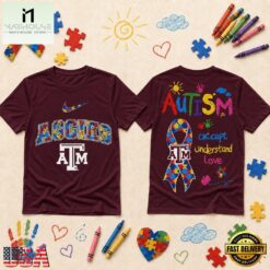 Texas A&M Aggies NCAA Autism Awareness Puzzle Ribbon T Shirt , NCAA College 3D Shirt Texas A M Aggies Ncaa Autism Awareness Puzzle Ribbon T Shirt