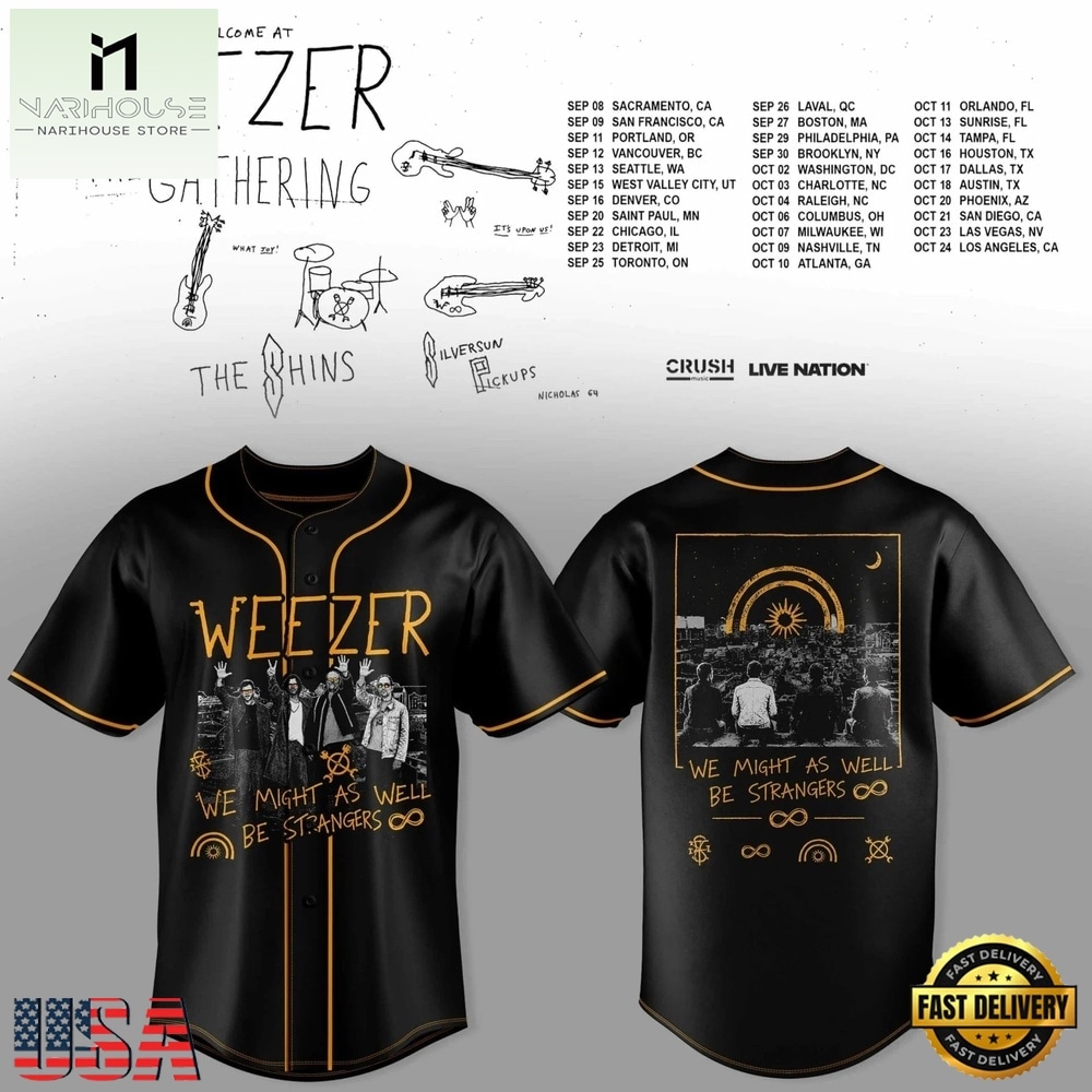 Weezer Merch The Gathering 2026 North America Tour Black Baseball Jersey , Concert Baseball Jersey Weezer Merch The Gathering 2026 North America Tour Black Baseball Jersey , Concert Baseball Jersey