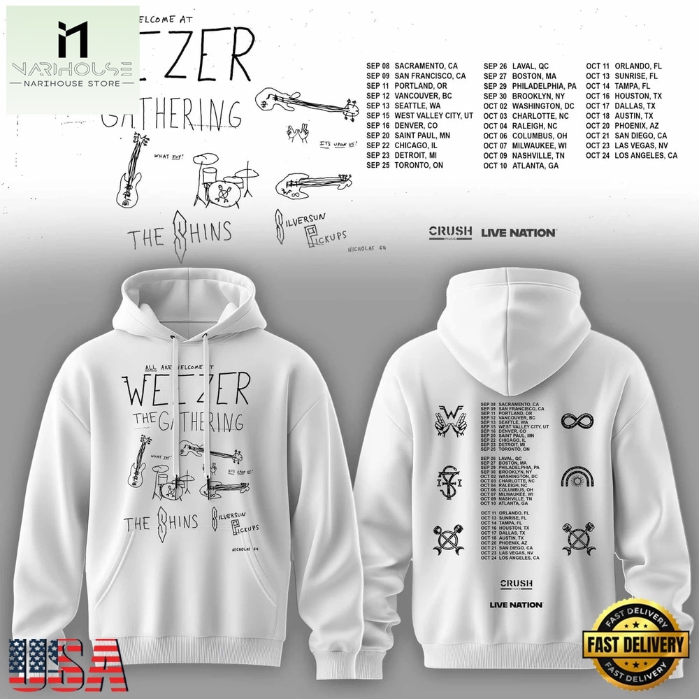 Weezer Merch The Gathering 2026 North America Tour White Hoodie , Popular 3D Music Tee Weezer Merch The Gathering 2026 North America Tour White Hoodie , Popular 3D Music Tee