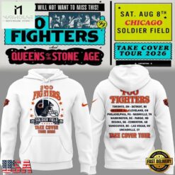 White Hoodie Chicago Bears x Foo Fighters, Take Cover Tour 2026 Hoodie , Music Fans 3D T Shirt White Hoodie Chicago Bears X Foo Fighters Take Cover Tour 2026 Hoodie