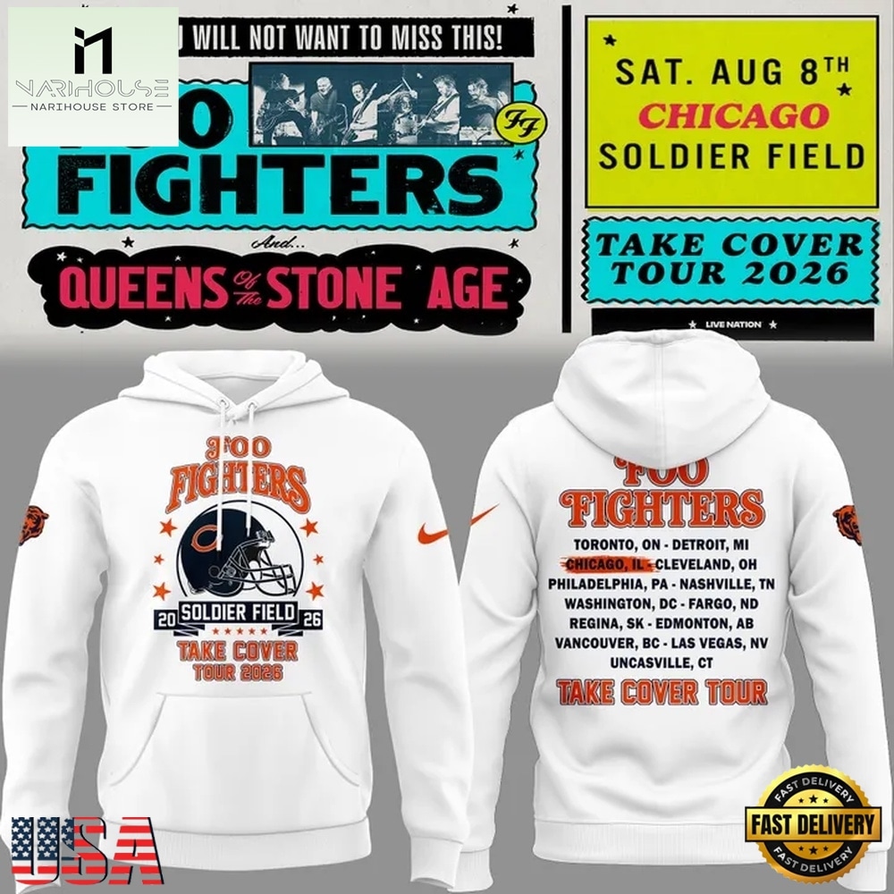 White Hoodie Chicago Bears x Foo Fighters, Take Cover Tour 2026 Hoodie , Music Fans 3D T Shirt White Hoodie Chicago Bears x Foo Fighters, Take Cover Tour 2026 Hoodie , Music Fans 3D T Shirt