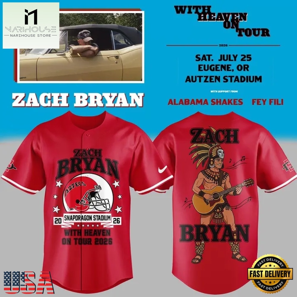 Zach Bryan x San Diego State Football With Heaven On Tour 2026 Red Baseball Jersey , Concert Baseball Jersey Zach Bryan x San Diego State Football With Heaven On Tour 2026 Red Baseball Jersey , Concert Baseball Jersey
