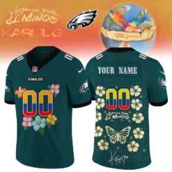 Philadelphia Eagles x Karol G VIAJANDO POR EL MUNDO TROPITOUR Signature Football Jersey, Trending Football Shirt Philadelphia Eagles X Karol G Viajando Por EL Mundo Tropitour Signature Football Jersey