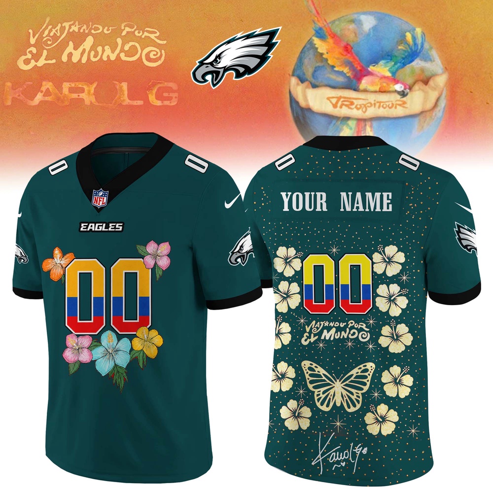 Philadelphia Eagles x Karol G VIAJANDO POR EL MUNDO TROPITOUR Signature Football Jersey, Trending Football Shirt Philadelphia Eagles x Karol G VIAJANDO POR EL MUNDO TROPITOUR Signature Football Jersey, Trending Football Shirt