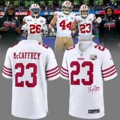 Christian McCaffrey San Francisco 49ers 80th Anniversary Signatures Print Football Jersey, Trending Football Shirt Christian Mccaffrey San Francisco 49ers 80th Anniversary Signatures Print Football Jersey