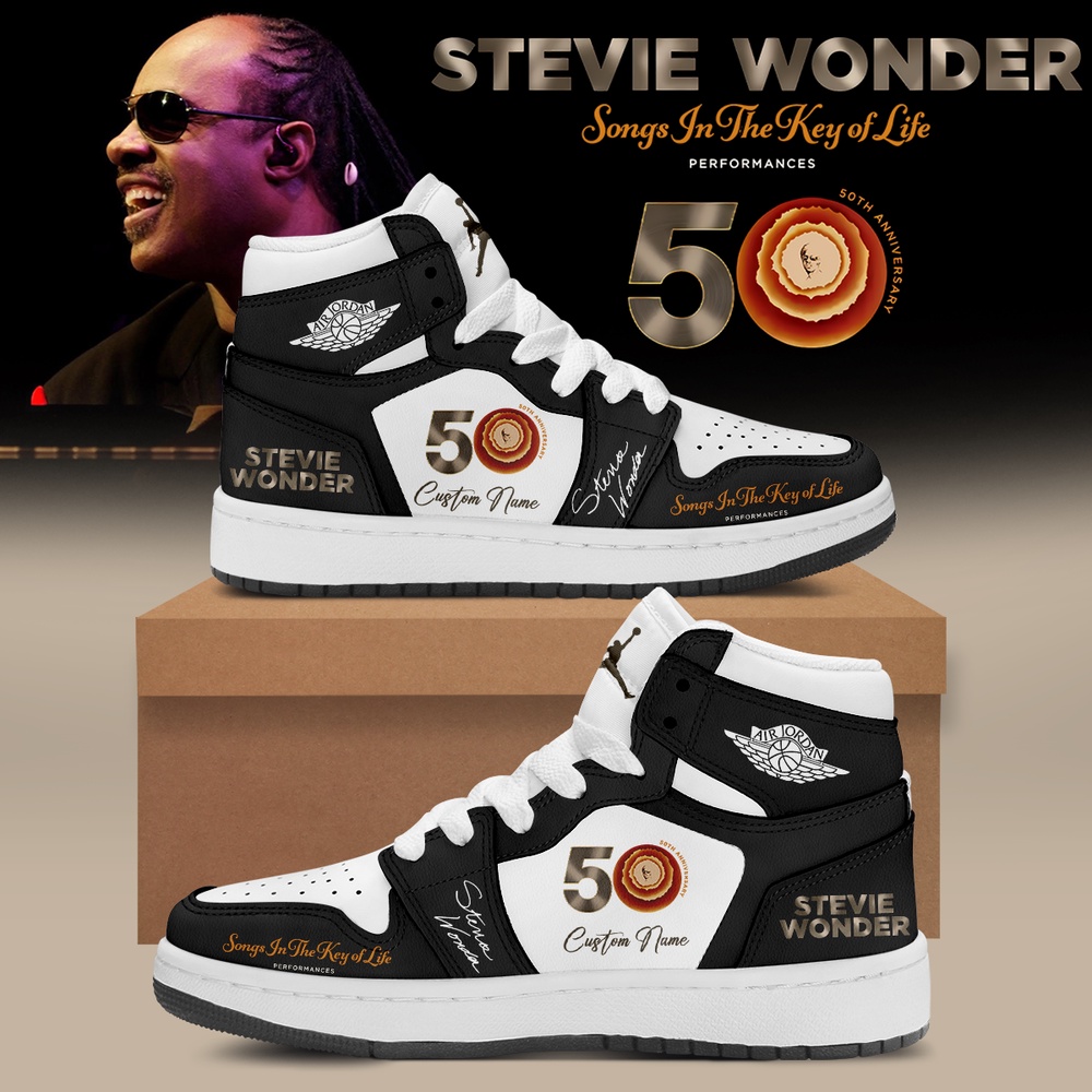 Stevie Wonder Songs in the Key of Life Performances 50th Anniversary Signed Black Air Jordan 1 Shoes, Music Fan AJ1 Sneakers Stevie Wonder Songs in the Key of Life Performances 50th Anniversary Signed Black Air Jordan 1 Shoes, Music Fan AJ1 Sneakers