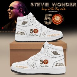 Stevie Wonder Songs in the Key of Life Performances 50th Anniversary Signed White Air Jordan 1 Shoes, Music Fan AJ1 Sneakers Stevie Wonder Songs IN The Key OF Life Performances 50th Anniversary Signed White Air Jordan 1 Shoes