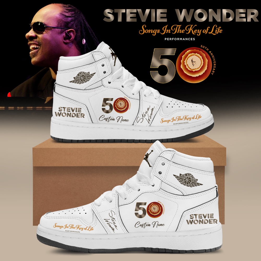 Stevie Wonder Songs in the Key of Life Performances 50th Anniversary Signed White Air Jordan 1 Shoes, Music Fan AJ1 Sneakers Stevie Wonder Songs in the Key of Life Performances 50th Anniversary Signed White Air Jordan 1 Shoes, Music Fan AJ1 Sneakers