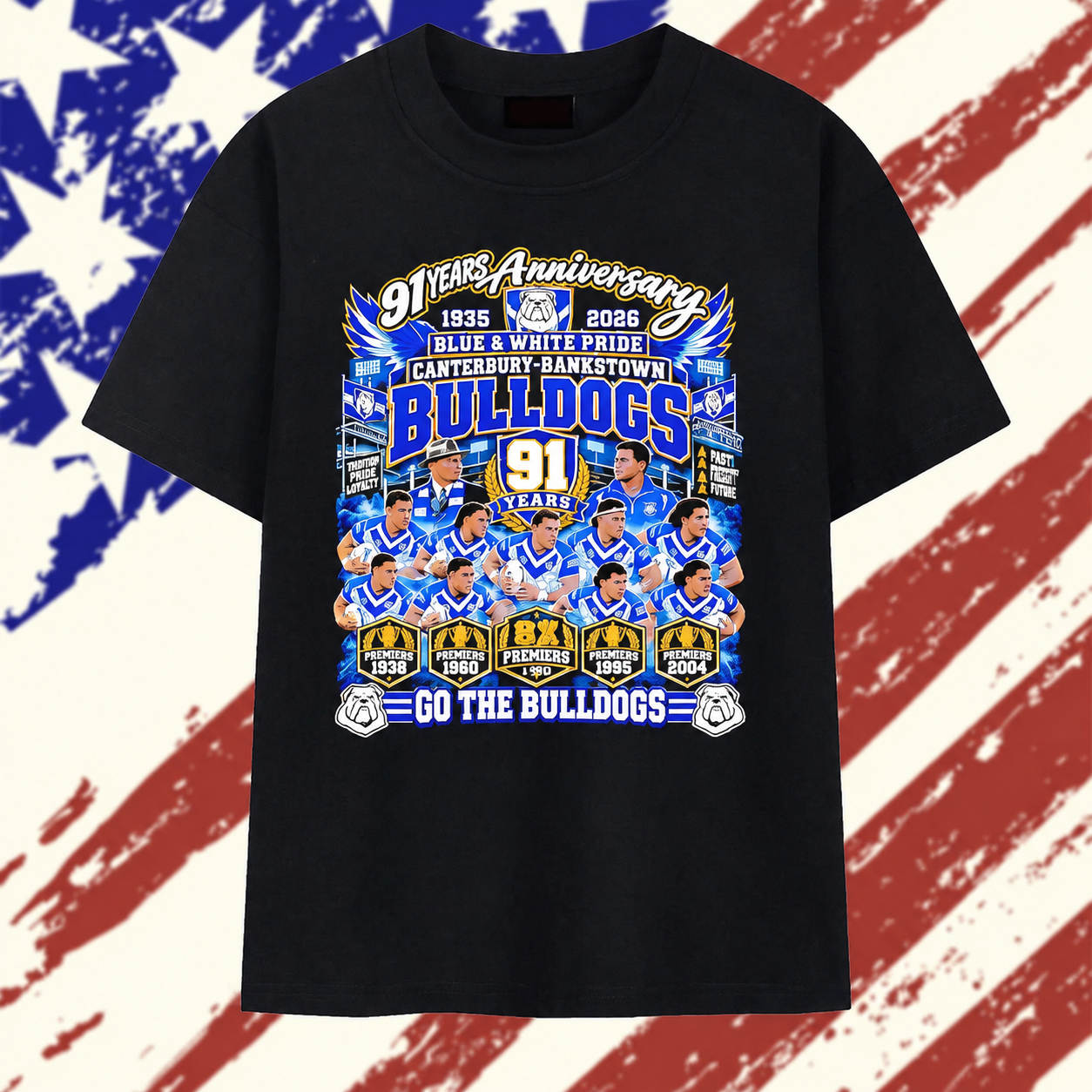 Canterbury Bankstown Bulldogs 91 Years Anniversary 8x Premiers Blue and White Pride T Shirt, Stylish 2D Graphic Shirt Canterbury Bankstown Bulldogs 91 Years Anniversary 8x Premiers Blue and White Pride T Shirt, Stylish 2D Graphic Shirt