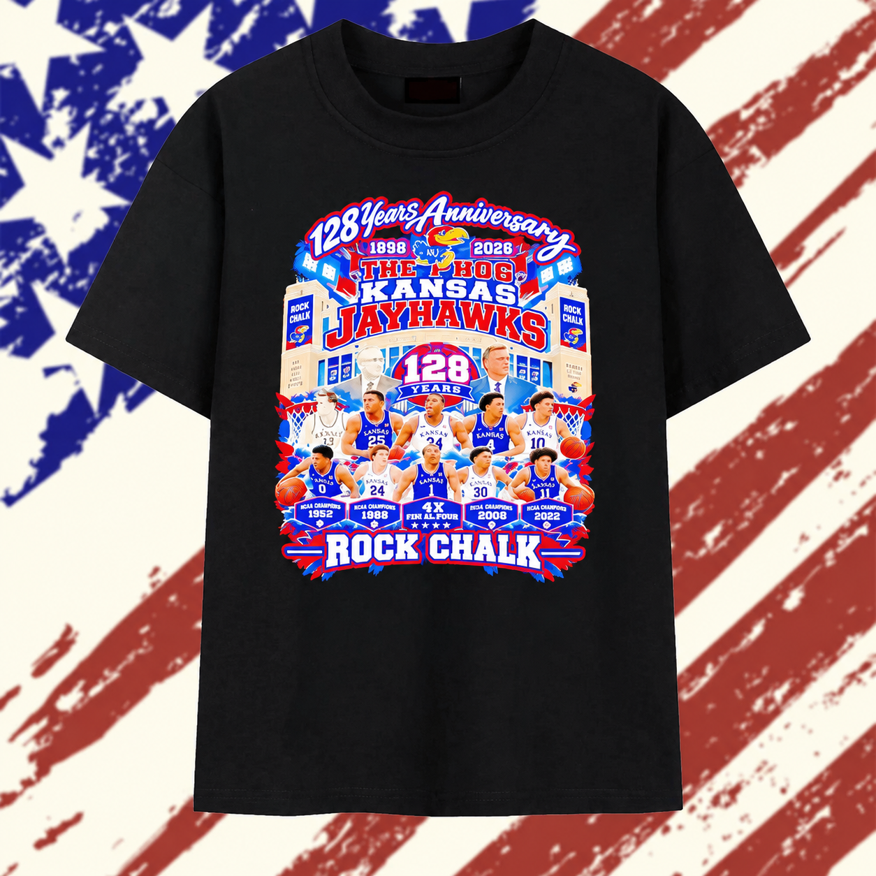 Kansas Jayhawks 128 Years Anniversary The Phog Allen Fieldhouse 4X NCAA Champions Rock Chalk T Shirt, Stylish 2D Graphic Shirt Kansas Jayhawks 128 Years Anniversary The Phog Allen Fieldhouse 4X NCAA Champions Rock Chalk T Shirt, Stylish 2D Graphic Shirt