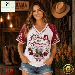Alabama Crimson Tide NCAA Bow and Floral Team Spirit V Neck T Shirt, NCAA College V Neck Tee Alabama Crimson Tide Ncaa Bow And Floral Team Spirit V Neck T Shirt