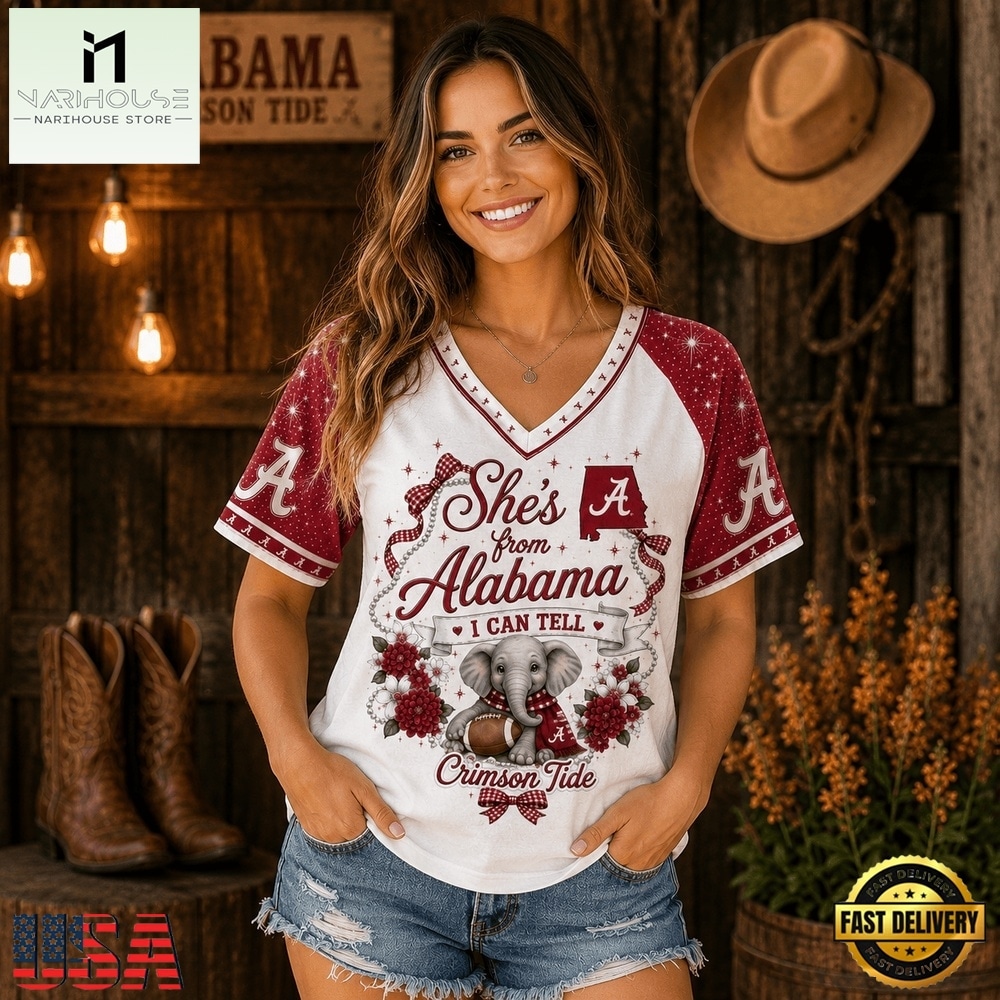 Alabama Crimson Tide NCAA Bow and Floral Team Spirit V Neck T Shirt, NCAA College V Neck Tee Alabama Crimson Tide NCAA Bow and Floral Team Spirit V Neck T Shirt, NCAA College V Neck Tee
