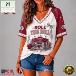 Alabama Crimson Tide NCAA Floral Stadium Bow V Neck 3D T Shirt, NCAA College V Neck Tee Alabama Crimson Tide Ncaa Floral Stadium Bow V Neck 3D T Shirt