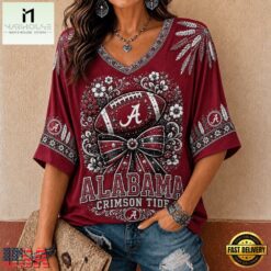 Alabama Crimson Tide NCAA Vintage Floral Bow V Neck T Shirt, NCAA College V Neck Tee Alabama Crimson Tide Ncaa Vintage Floral Bow V Neck T Shirt