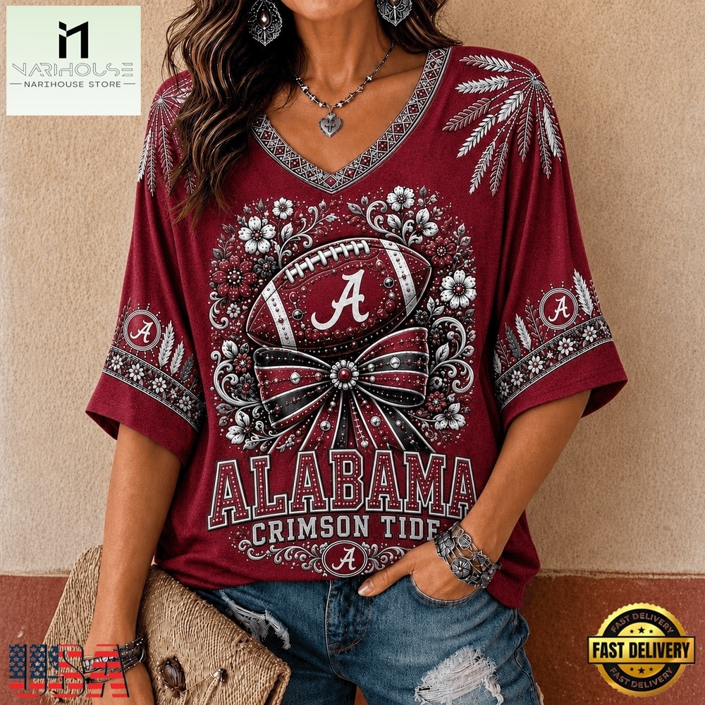 Alabama Crimson Tide NCAA Vintage Floral Bow V Neck T Shirt, NCAA College V Neck Tee Alabama Crimson Tide NCAA Vintage Floral Bow V Neck T Shirt, NCAA College V Neck Tee