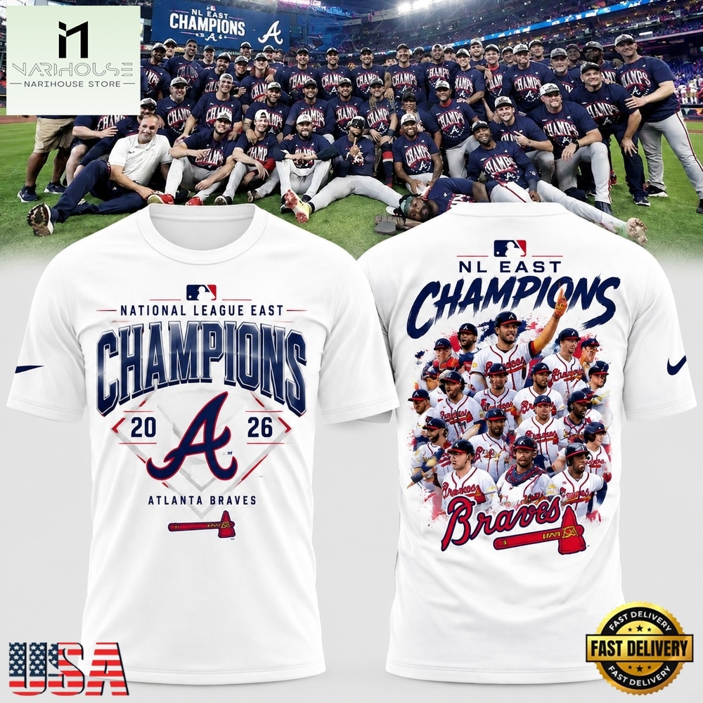 Atlanta Braves 2026 NL East Division Champions Team Graphic White T Shirt, Hot 3D Shirt Trend Atlanta Braves 2026 NL East Division Champions Team Graphic White T Shirt, Hot 3D Shirt Trend