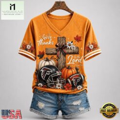 Atlanta Falcons NFL Thanksgiving Faith And Football V Neck T Shirt, Trendy NFL V Neck Tee Atlanta Falcons Nfl Thanksgiving Faith And Football V Neck T Shirt