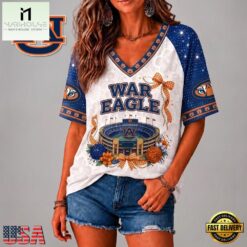 Auburn Tigers NCAA Floral Stadium Bow V Neck 3D T Shirt, NCAA College V Neck Tee Auburn Tigers Ncaa Floral Stadium Bow V Neck 3D T Shirt