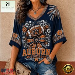 Auburn Tigers NCAA Vintage Floral Bow V Neck T Shirt, NCAA College V Neck Tee Auburn Tigers Ncaa Vintage Floral Bow V Neck T Shirt
