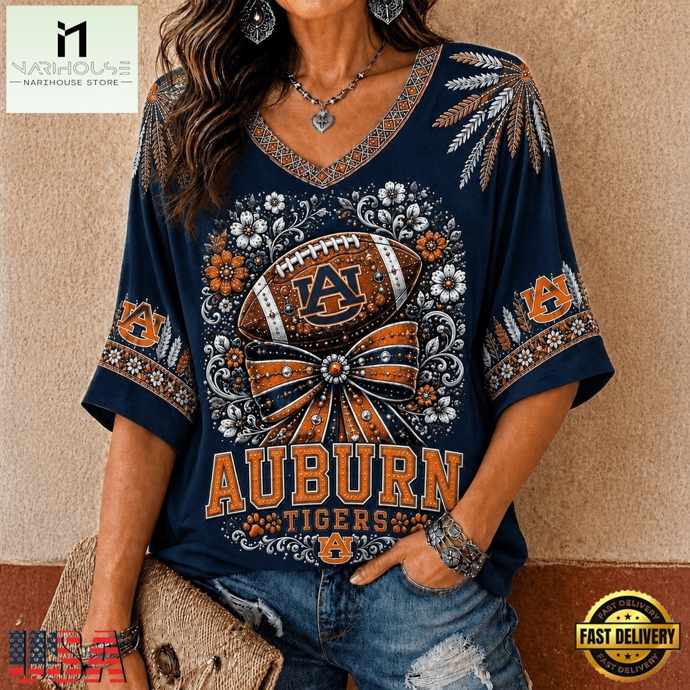 Auburn Tigers NCAA Vintage Floral Bow V Neck T Shirt, NCAA College V Neck Tee Auburn Tigers NCAA Vintage Floral Bow V Neck T Shirt, NCAA College V Neck Tee