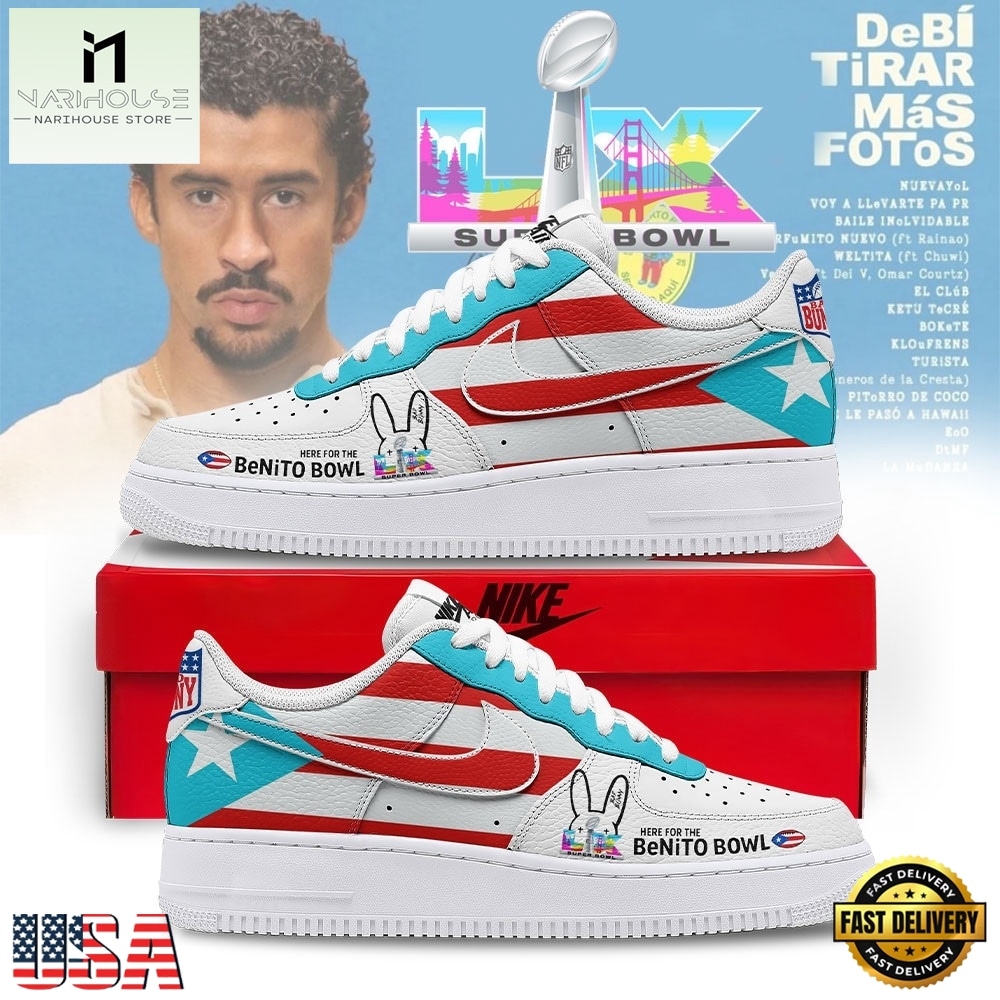 Bad Bunny Benito Bowl Puerto Rico Flag Red & Blue Graphic Custom Air Force 1 Shoes, Music Artist AF1 Shoes Bad Bunny Benito Bowl Puerto Rico Flag Red & Blue Graphic Custom Air Force 1 Shoes, Music Artist AF1 Shoes