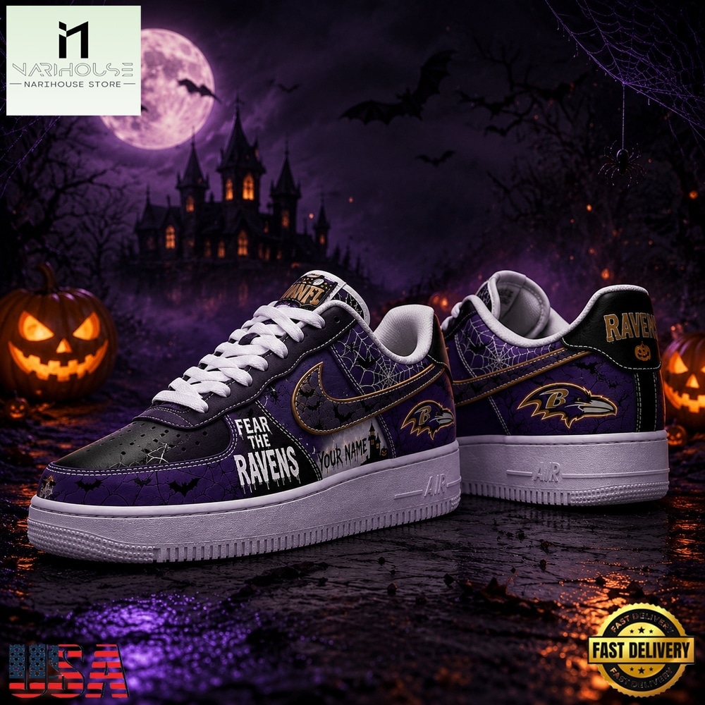 Baltimore Ravens NFL Fear The Team Halloween Air Force 1 Shoes Sneakers, NFL Team AF1 Shoes Baltimore Ravens NFL Fear The Team Halloween Air Force 1 Shoes Sneakers, NFL Team AF1 Shoes