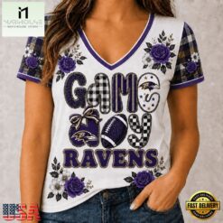 Baltimore Ravens NFL Football Flowers Team Pride V Neck T Shirt, Trendy NFL V Neck Tee Baltimore Ravens Nfl Football Flowers Team Pride V Neck T Shirt