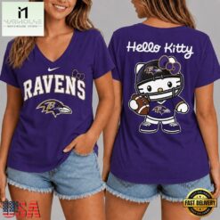 Baltimore Ravens NFL Hello Kitty Football V Neck T Shirt, Trendy NFL V Neck Tee Baltimore Ravens Nfl Hello Kitty Football V Neck T Shirt