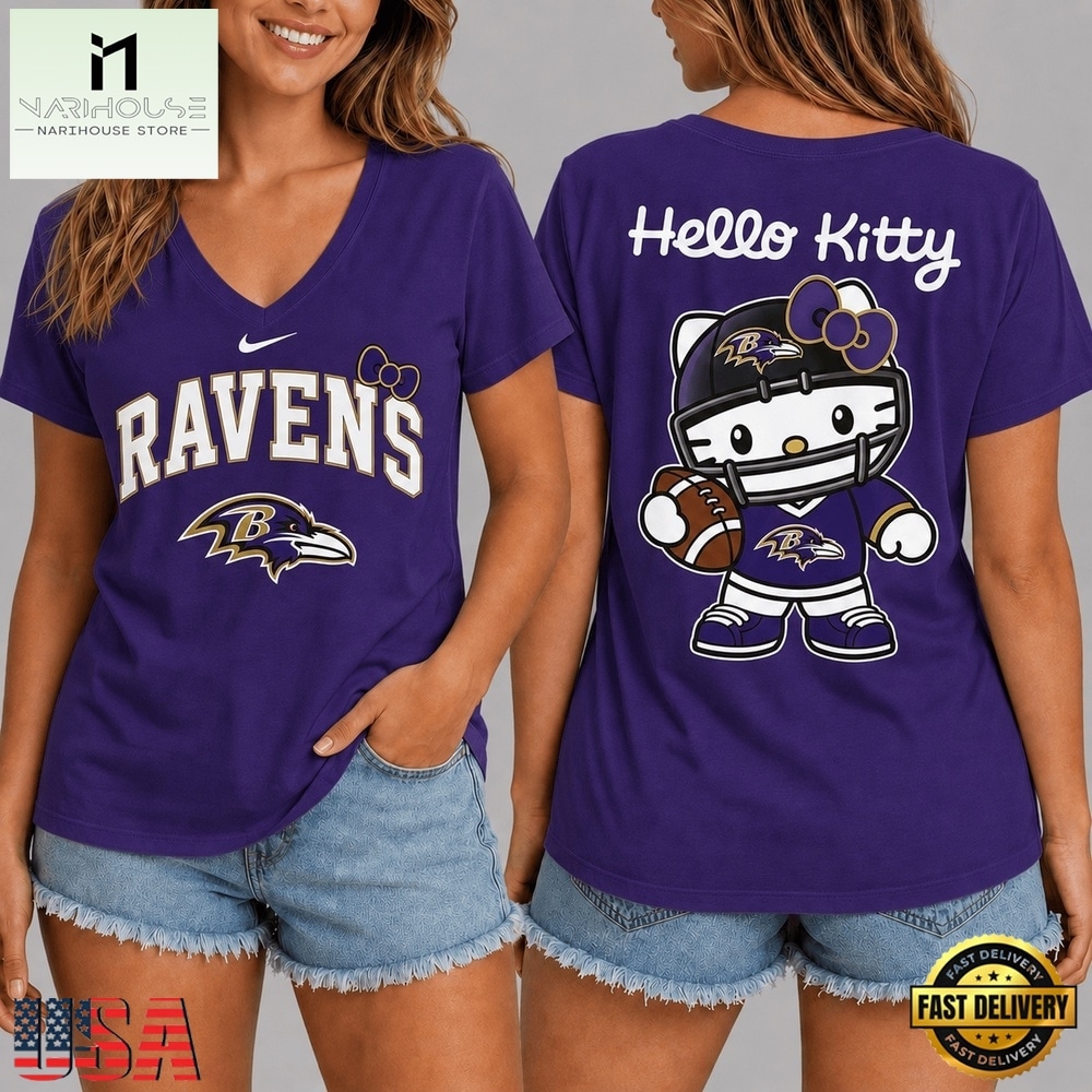 Baltimore Ravens NFL Hello Kitty Football V Neck T Shirt, Trendy NFL V Neck Tee Baltimore Ravens NFL Hello Kitty Football V Neck T Shirt, Trendy NFL V Neck Tee
