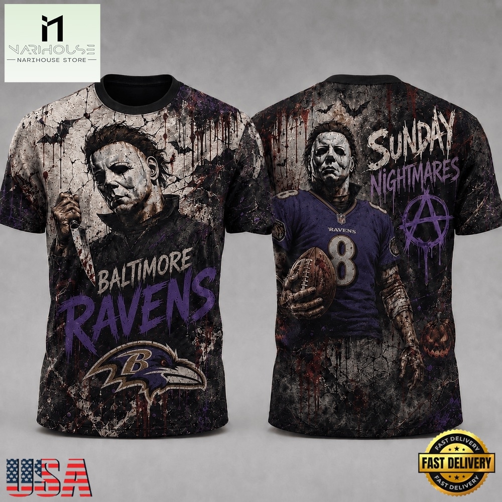 Baltimore Ravens NFL Michael Myers Sunday Nightmares Horror Halloween 3D T Shirt, NFL Sporty Shirt Baltimore Ravens NFL Michael Myers Sunday Nightmares Horror Halloween 3D T Shirt, NFL Sporty Shirt