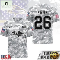 Baltimore Ravens NFL Salute to Service Custom Name & Number Camo 3D Shirt, NFL Sporty Shirt Baltimore Ravens Nfl Salute TO Service Custom Name Number Camo 3D Shirt