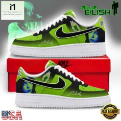 Billie Eilish Lime Green & Black Graphic Custom Air Force 1 Shoes, Music Artist AF1 Shoes Billie Eilish Lime Green Black Graphic Custom Air Force 1 Shoes
