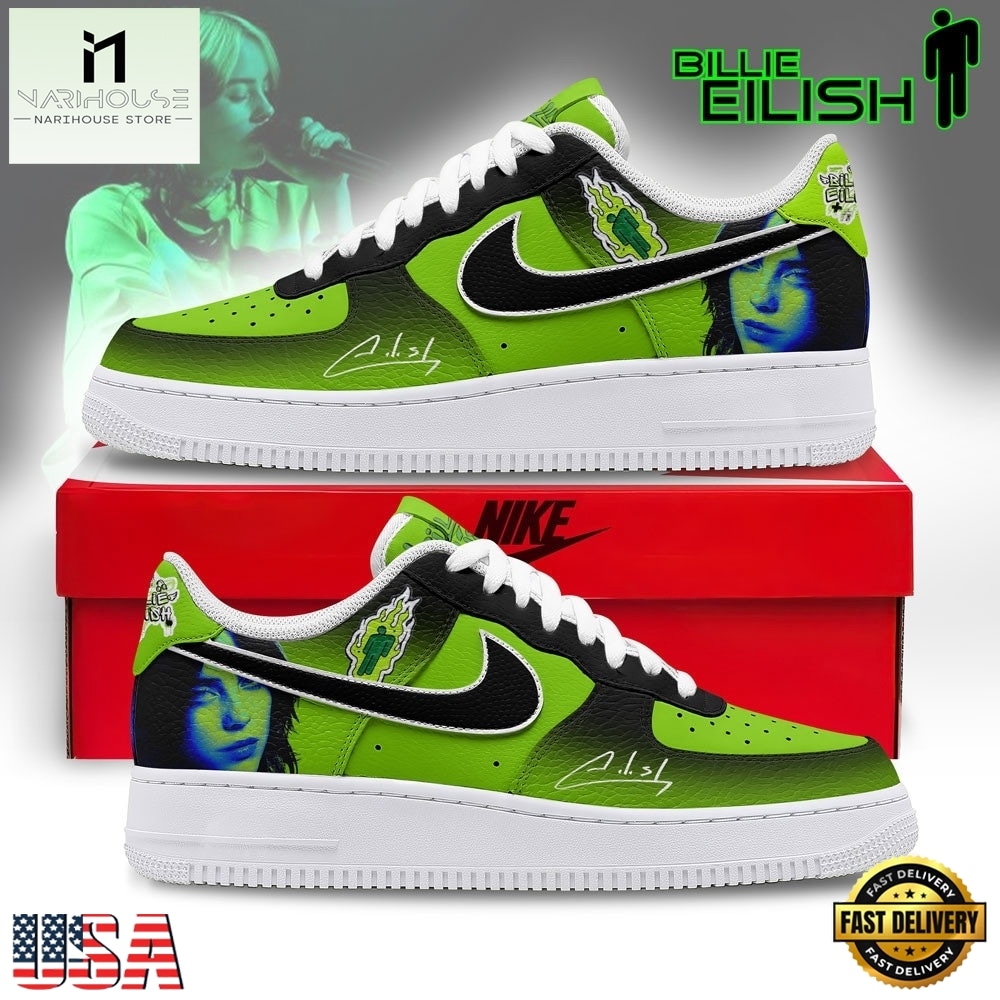 Billie Eilish Lime Green & Black Graphic Custom Air Force 1 Shoes, Music Artist AF1 Shoes Billie Eilish Lime Green & Black Graphic Custom Air Force 1 Shoes, Music Artist AF1 Shoes