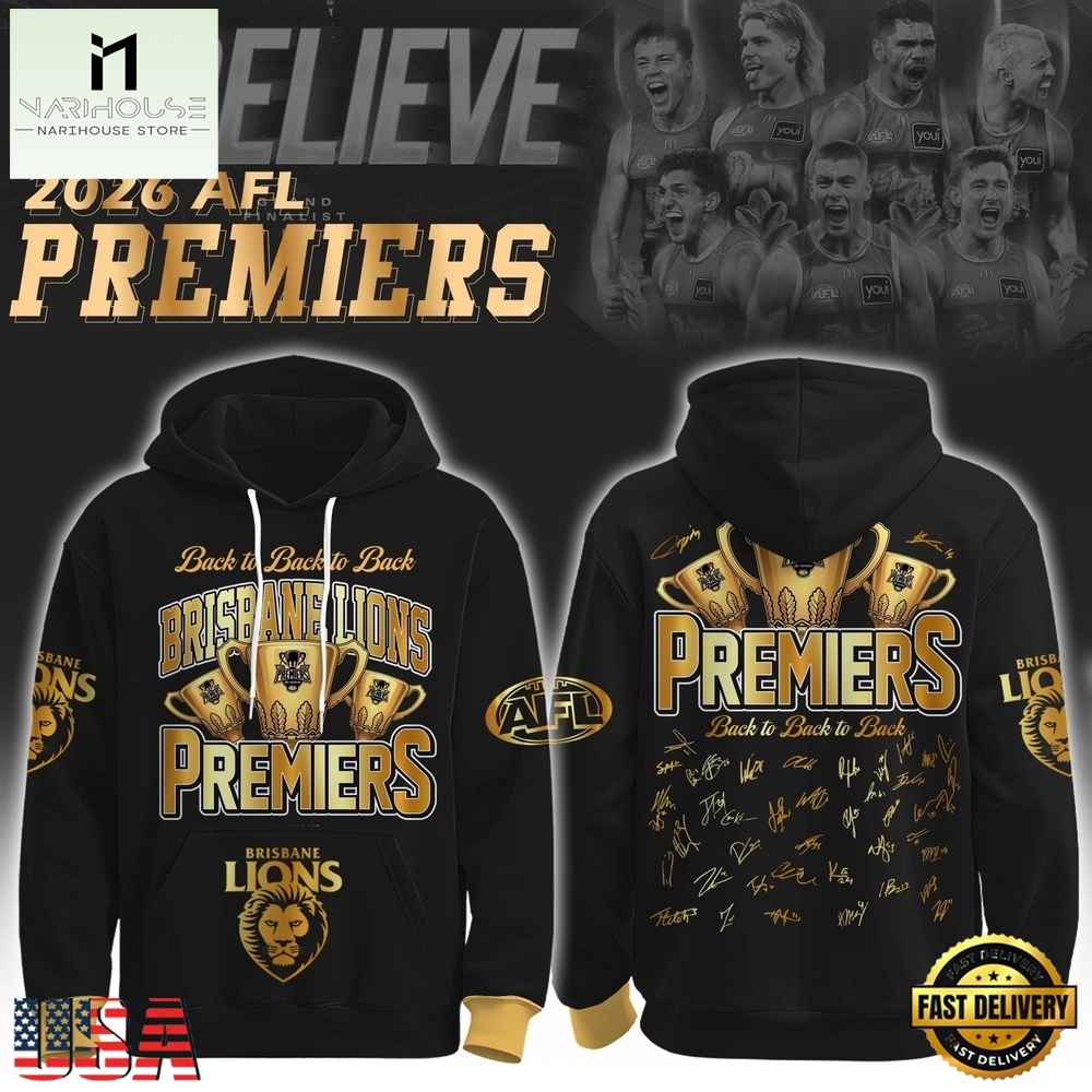 Brisbane Lions 2026 AFL Premiers Three Peat Signature Black Hoodie, Hot 3D Shirt Trend Brisbane Lions 2026 AFL Premiers Three Peat Signature Black Hoodie, Hot 3D Shirt Trend