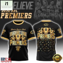 Brisbane Lions 2026 AFL Premiers Three Peat Signature Black T Shirt, Hot 3D Shirt Trend Brisbane Lions 2026 Afl Premiers Three Peat Signature Black T Shirt