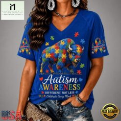 Buffalo Bills NFL Different, Not Less Autism Awareness V neck T Shirt, Trendy NFL V Neck Tee Buffalo Bills Nfl Different Not Less Autism Awareness V Neck T Shirt