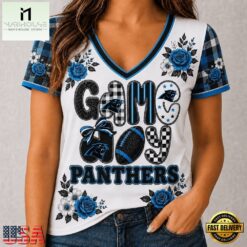 Carolina Panthers NFL Football Flowers Team Pride V Neck T Shirt, Trendy NFL V Neck Tee Carolina Panthers Nfl Football Flowers Team Pride V Neck T Shirt
