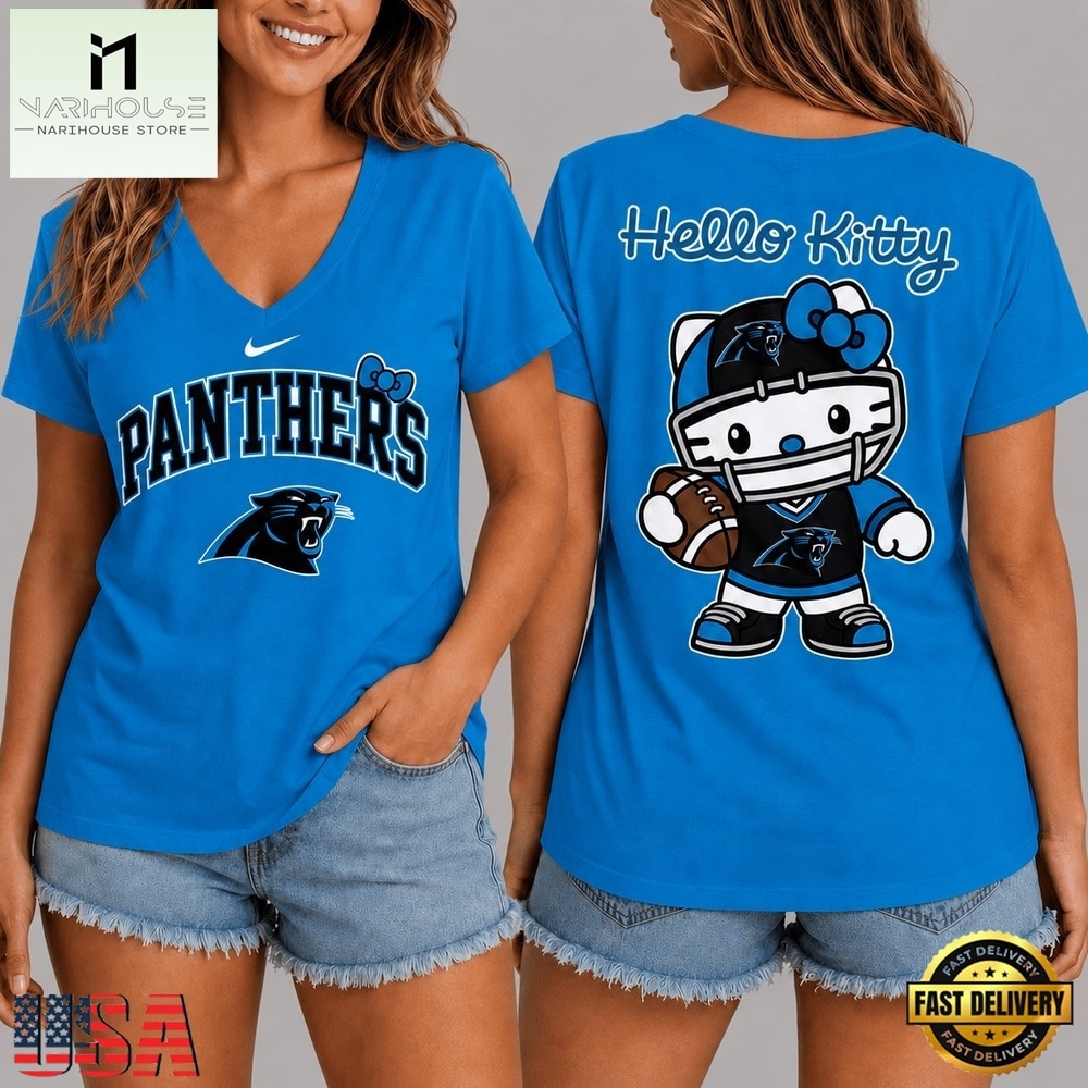 Carolina Panthers NFL Hello Kitty Football V Neck T Shirt, Trendy NFL V Neck Tee Carolina Panthers NFL Hello Kitty Football V Neck T Shirt, Trendy NFL V Neck Tee
