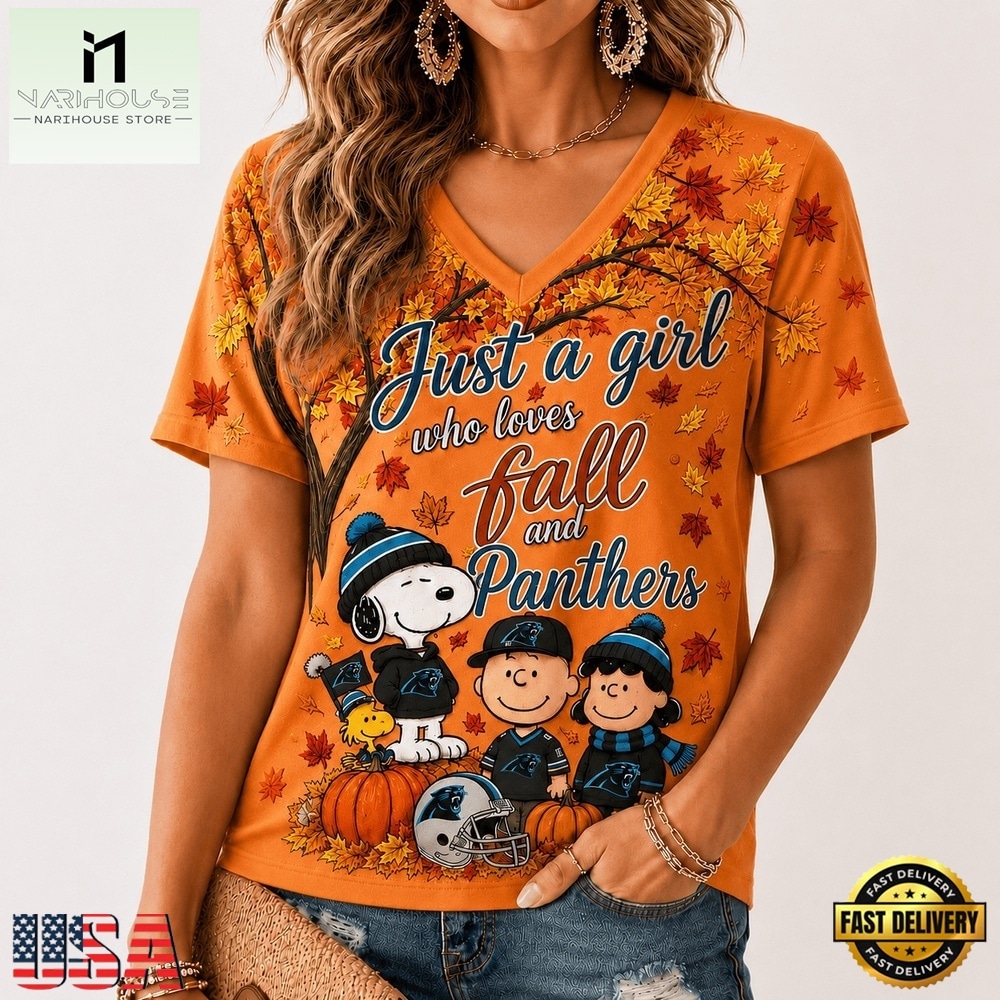 Carolina Panthers NFL Snoopy Peanuts Fall Season V Neck T Shirt, Trendy NFL V Neck Tee Carolina Panthers NFL Snoopy Peanuts Fall Season V Neck T Shirt, Trendy NFL V Neck Tee