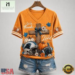 Carolina Panthers NFL Thanksgiving Faith And Football V Neck T Shirt, Trendy NFL V Neck Tee Carolina Panthers Nfl Thanksgiving Faith And Football V Neck T Shirt