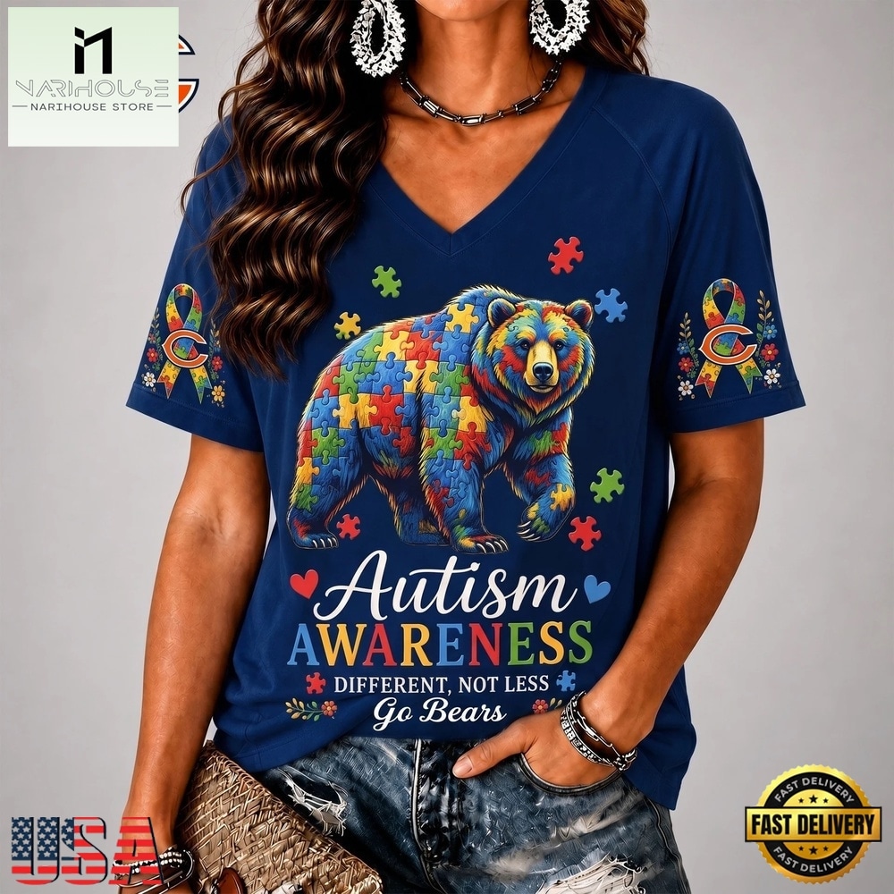 Chicago Bears NFL Different, Not Less Autism Awareness V neck T Shirt, Trendy NFL V Neck Tee Chicago Bears NFL Different, Not Less Autism Awareness V neck T Shirt, Trendy NFL V Neck Tee