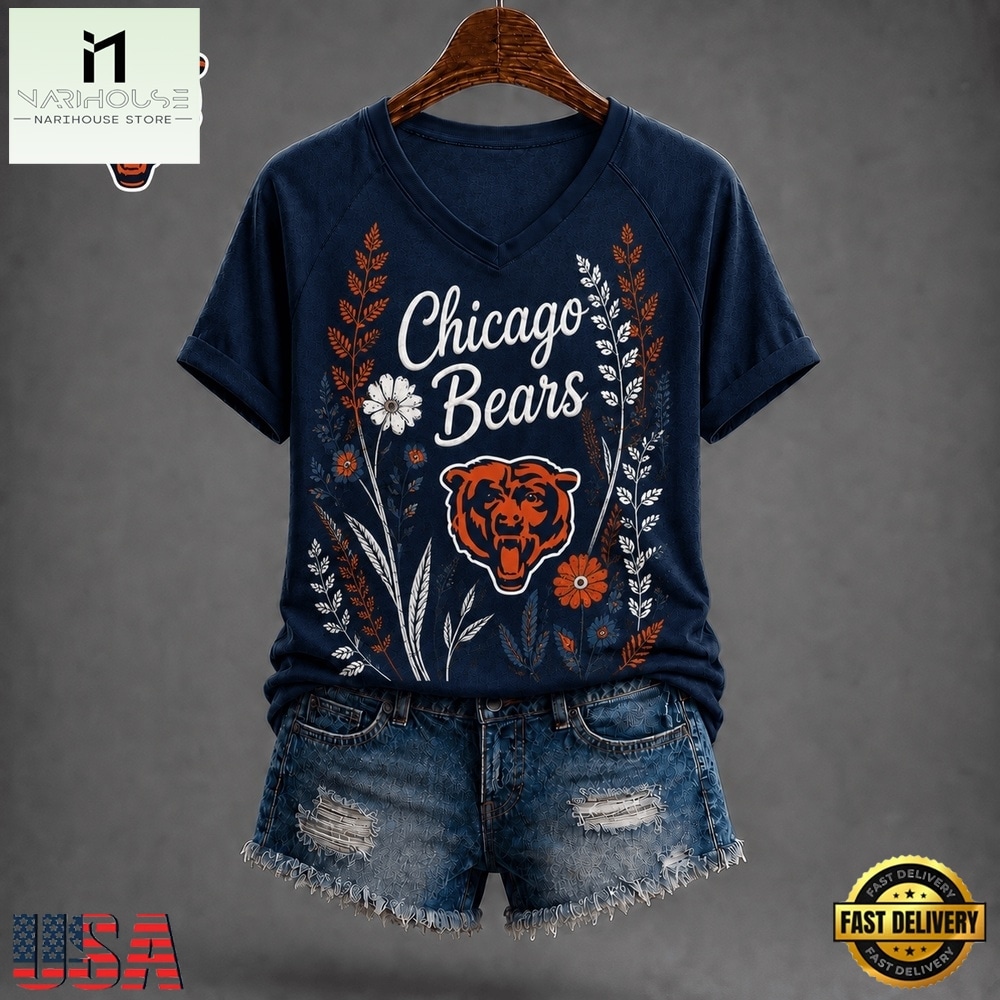 Chicago Bears NFL Floral Garden V Neck T Shirt, Trendy NFL V Neck Tee Chicago Bears NFL Floral Garden V Neck T Shirt, Trendy NFL V Neck Tee