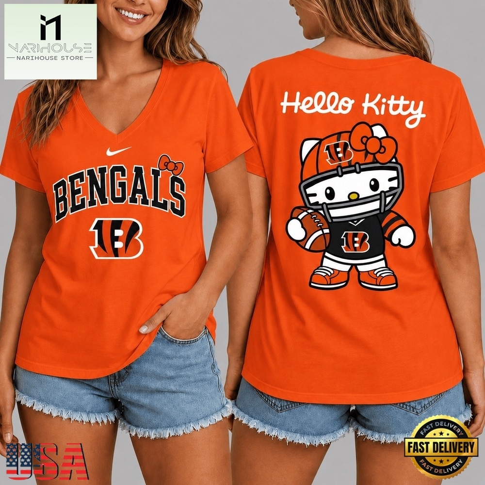Cincinnati Bengals NFL Hello Kitty Football V Neck T Shirt, Trendy NFL V Neck Tee Cincinnati Bengals NFL Hello Kitty Football V Neck T Shirt, Trendy NFL V Neck Tee