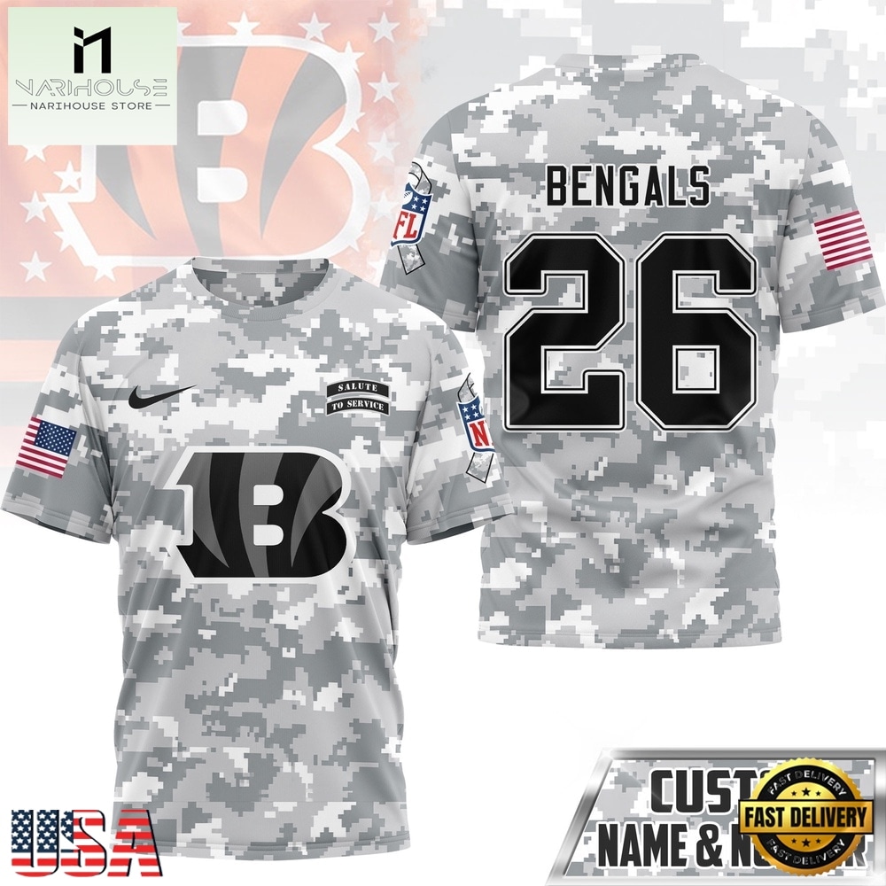 Cincinnati Bengals NFL Salute to Service Custom Name & Number Camo 3D Shirt, NFL Sporty Shirt Cincinnati Bengals NFL Salute to Service Custom Name & Number Camo 3D Shirt, NFL Sporty Shirt